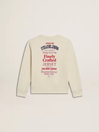 T-shirt da bambina in bianco consumato con ricamo sul davanti e stampa sul retro