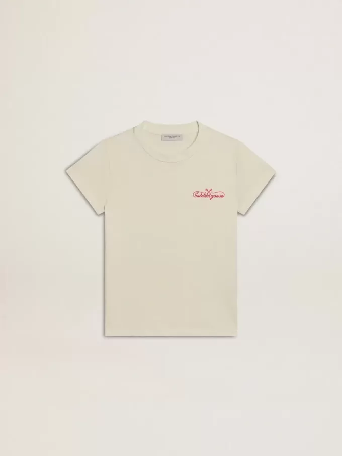 T-shirt da bambina in cotone bianco consumato con ricamo rosso sul petto
