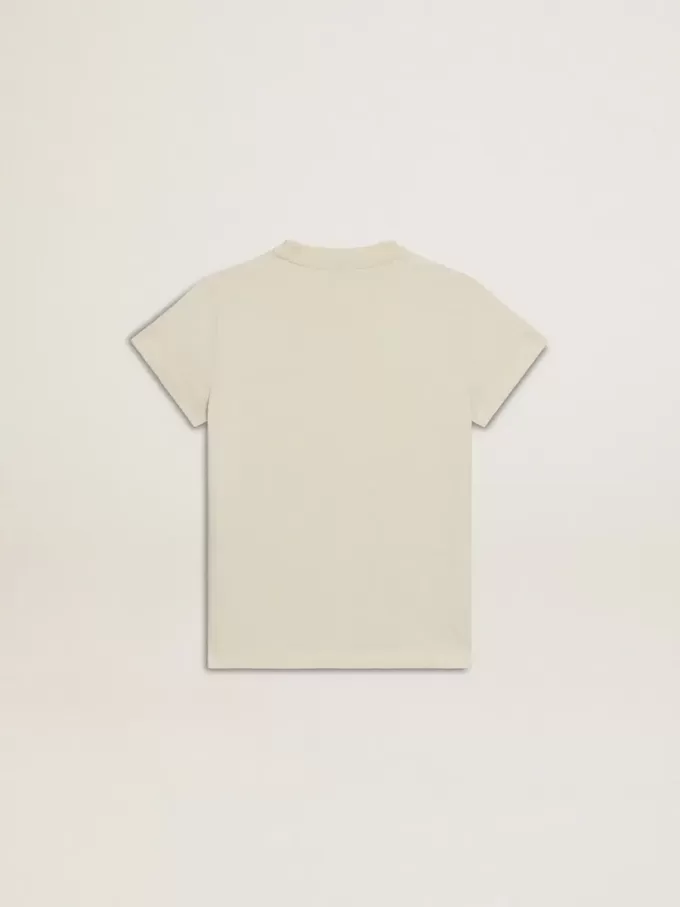 T-shirt da bambina in cotone bianco consumato con ricamo rosso sul petto