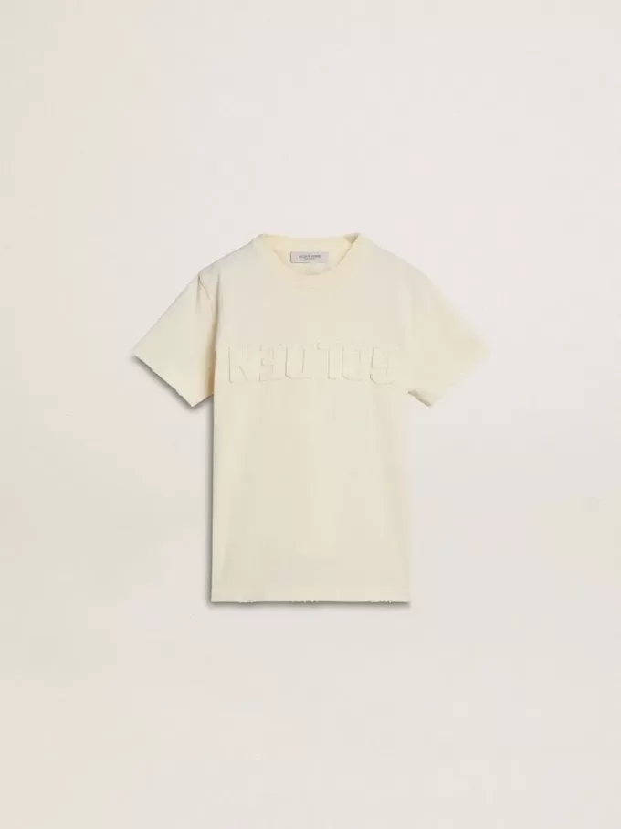 T-shirt da bambino color crema con logo in rilievo