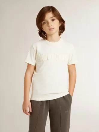 T-shirt da bambino color crema con logo in rilievo