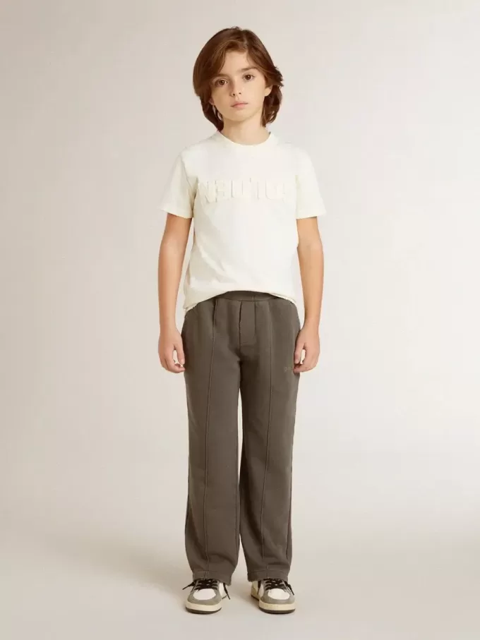 T-shirt da bambino color crema con logo in rilievo