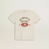T-shirt da bambino in bianco consumato con scritte multicolori