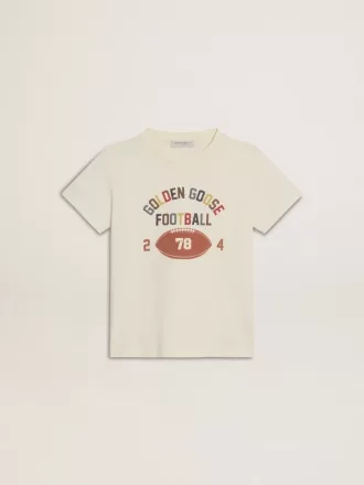 T-shirt da bambino in bianco consumato con scritte multicolori