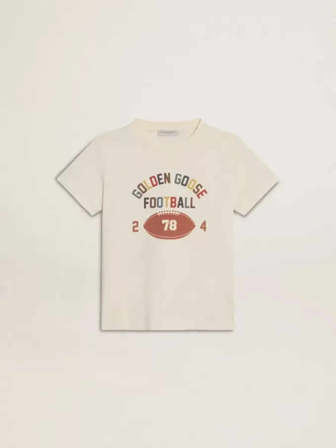 T-shirt da bambino in bianco consumato con scritte multicolori