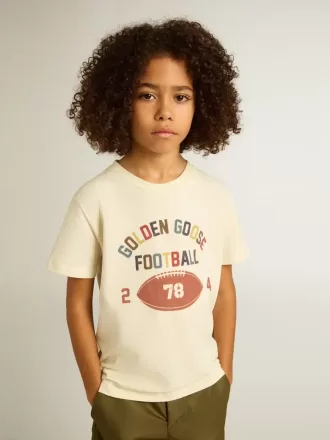 T-shirt da bambino in bianco consumato con scritte multicolori