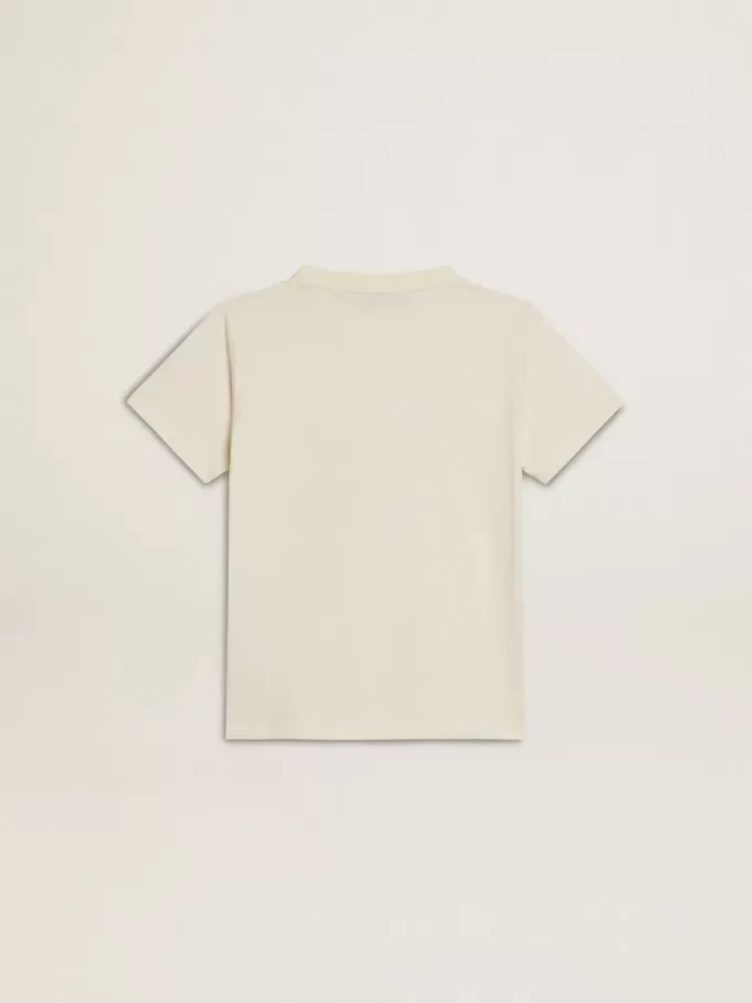 T-shirt da bambino in bianco consumato con scritte multicolori