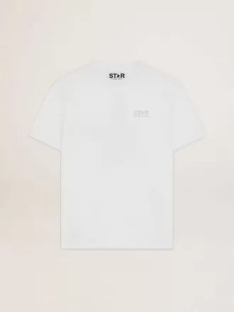 T-shirt da donna bianca con logo glitterato argento e stella