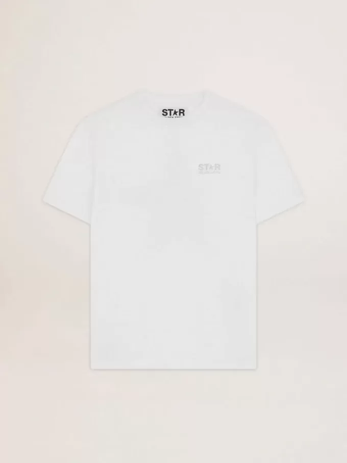 T-shirt da donna bianca con logo glitterato argento e stella T-shirt da donna bianca con logo glitterato argento e stella