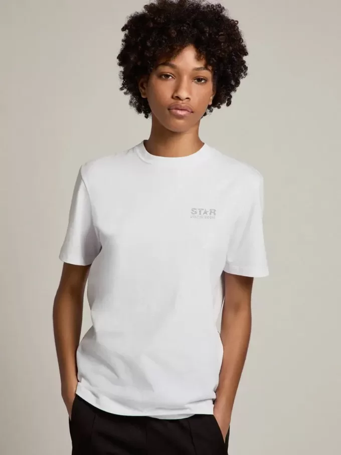 T-shirt da donna bianca con logo glitterato argento e stella T-shirt da donna bianca con logo glitterato argento e stella