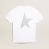 T-shirt da donna bianca con logo glitterato argento e stella T-shirt da donna bianca con logo glitterato argento e stella