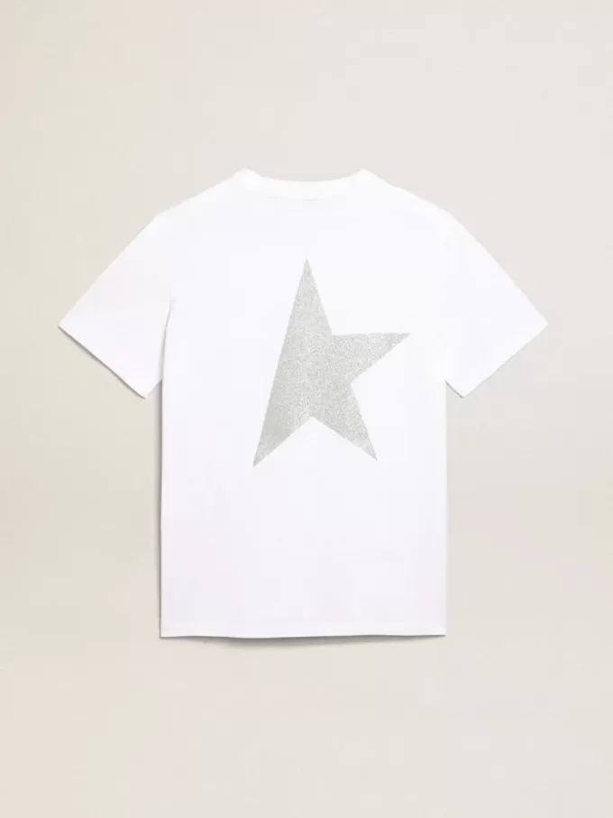 T-shirt da donna bianca con logo glitterato argento e stella T-shirt da donna bianca con logo glitterato argento e stella