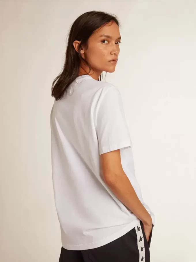 T-shirt da donna bianca con stella blu scuro sul davanti