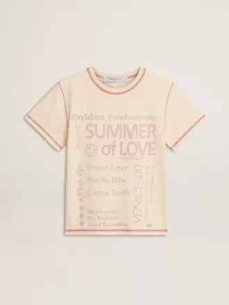 T-shirt da donna color crema con dettagli rosso slavato