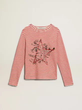 T-shirt da donna con strisce bianche e rosse e ricamo sul davanti