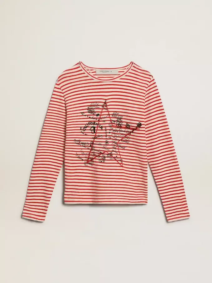 T-shirt da donna con strisce bianche e rosse e ricamo sul davanti T-shirt da donna con strisce bianche e rosse e ricamo sul davanti