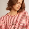T-shirt da donna con strisce bianche e rosse e ricamo sul davanti T-shirt da donna con strisce bianche e rosse e ricamo sul davanti