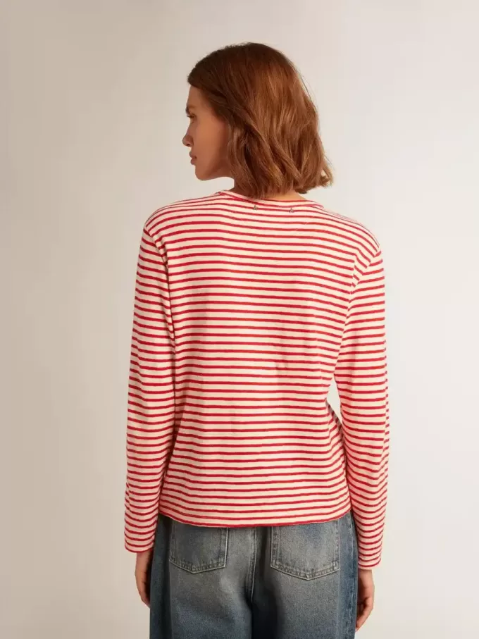 T-shirt da donna con strisce bianche e rosse e ricamo sul davanti T-shirt da donna con strisce bianche e rosse e ricamo sul davanti