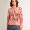 T-shirt da donna con strisce bianche e rosse e ricamo sul davanti T-shirt da donna con strisce bianche e rosse e ricamo sul davanti
