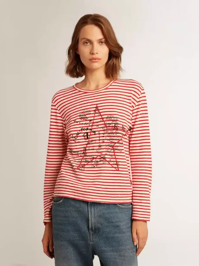 T-shirt da donna con strisce bianche e rosse e ricamo sul davanti T-shirt da donna con strisce bianche e rosse e ricamo sul davanti