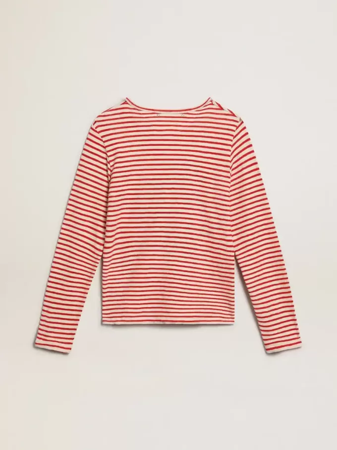 T-shirt da donna con strisce bianche e rosse e ricamo sul davanti T-shirt da donna con strisce bianche e rosse e ricamo sul davanti
