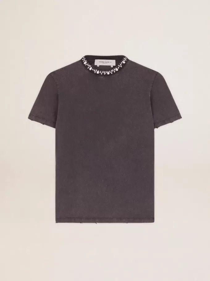 T-shirt da donna grigio antracite con cristalli