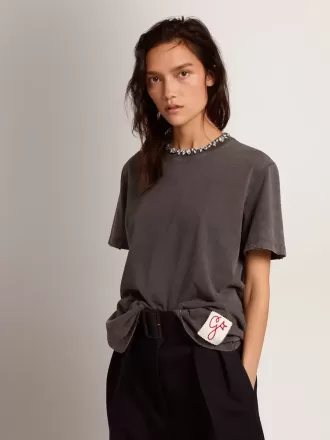 T-shirt da donna grigio antracite con cristalli