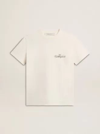 T-shirt da donna in bianco invecchiato con logo sul petto