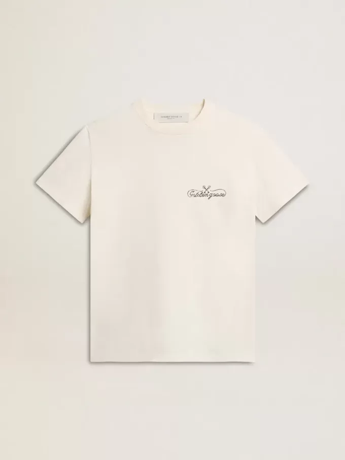 T-shirt da donna in bianco invecchiato con logo sul petto
