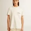 T-shirt da donna in bianco invecchiato con logo sul petto