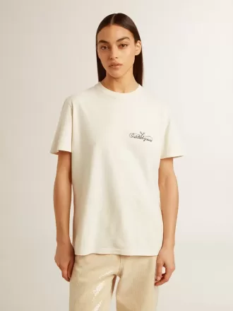 T-shirt da donna in bianco invecchiato con logo sul petto