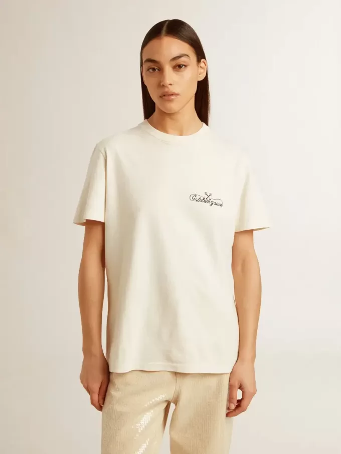 T-shirt da donna in bianco invecchiato con logo sul petto