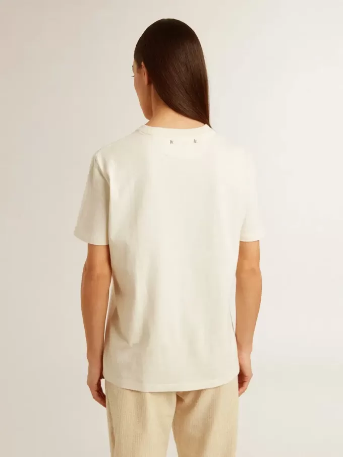 T-shirt da donna in bianco invecchiato con logo sul petto