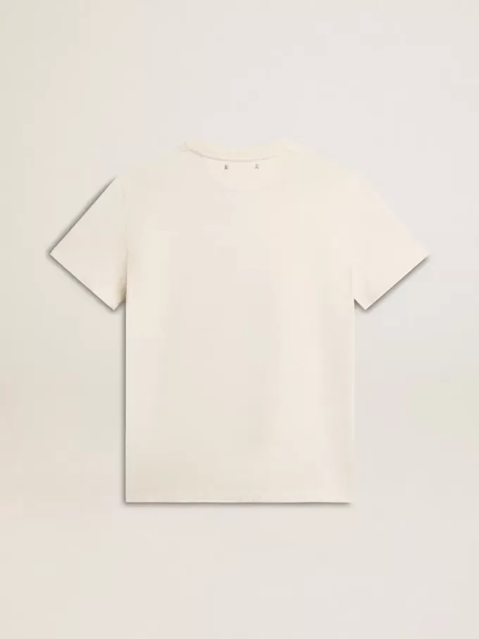 T-shirt da donna in bianco invecchiato con logo sul petto