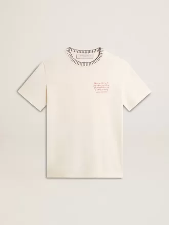 T-shirt da donna in cotone bianco invecchiato con ricami fatti a mano