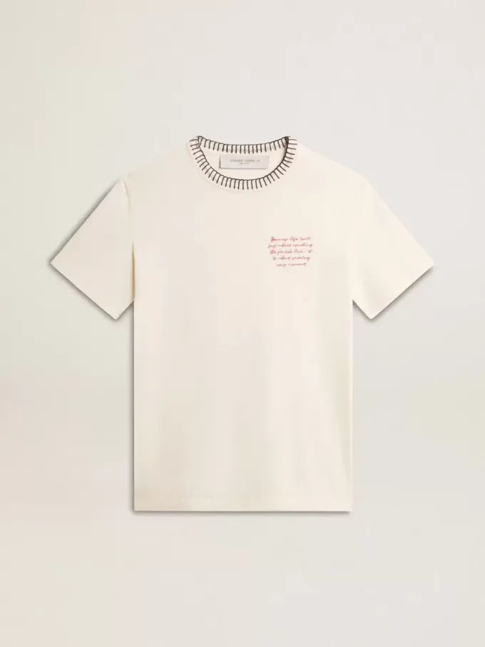 T-shirt da donna in cotone bianco invecchiato con ricami fatti a mano