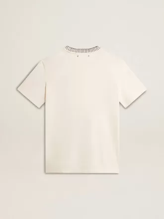 T-shirt da donna in cotone bianco invecchiato con ricami fatti a mano