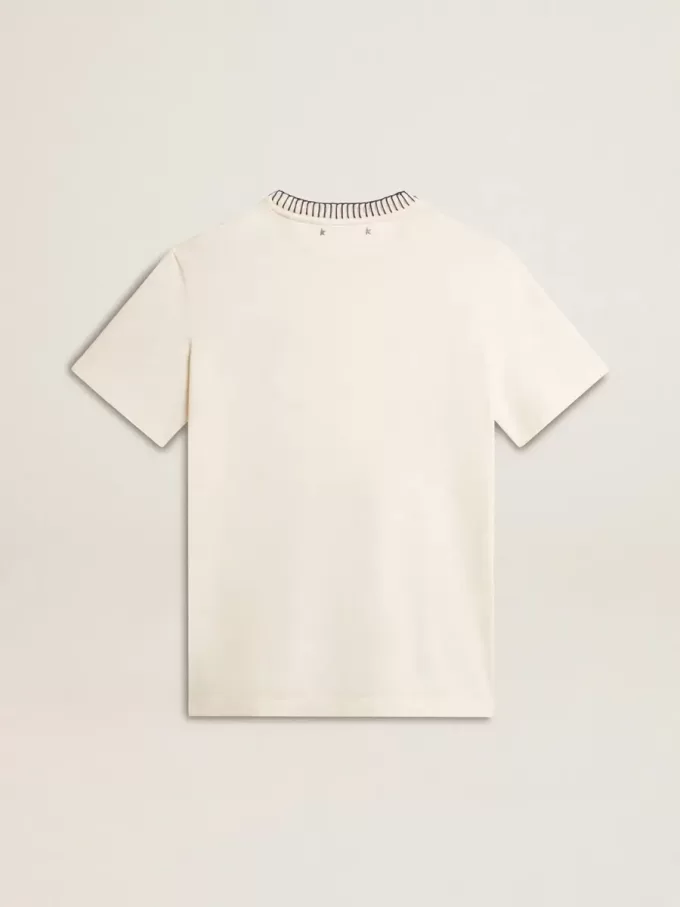 T-shirt da donna in cotone bianco invecchiato con ricami fatti a mano