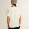 T-shirt da donna in cotone bianco invecchiato con ricami fatti a mano