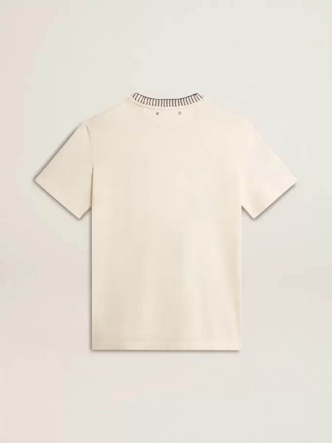 T-shirt da donna in cotone bianco invecchiato con ricami fatti a mano