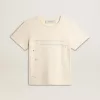 T-shirt da donna in cotone bianco invecchiato con stampa e ricamo
