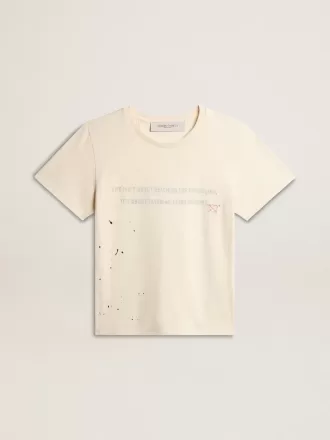T-shirt da donna in cotone bianco invecchiato con stampa e ricamo