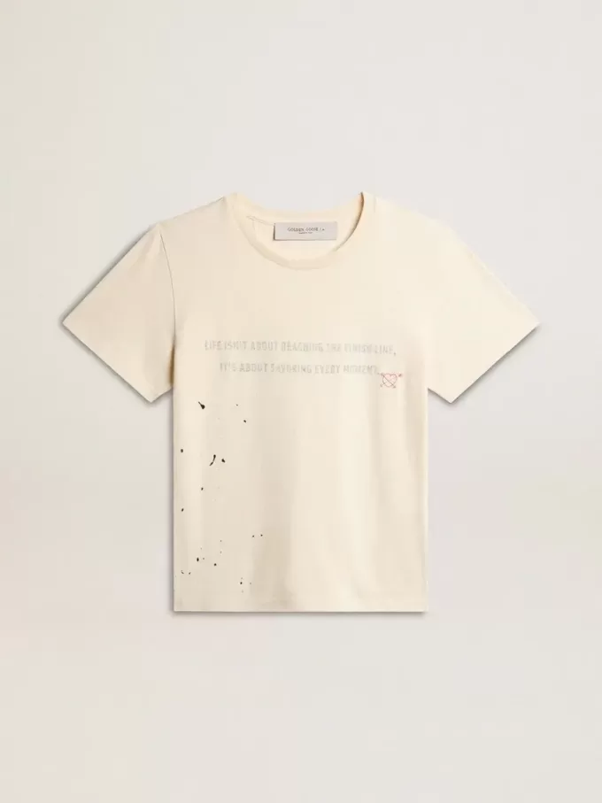 T-shirt da donna in cotone bianco invecchiato con stampa e ricamo