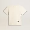 T-shirt da donna in cotone bianco invecchiato con stampa e ricamo