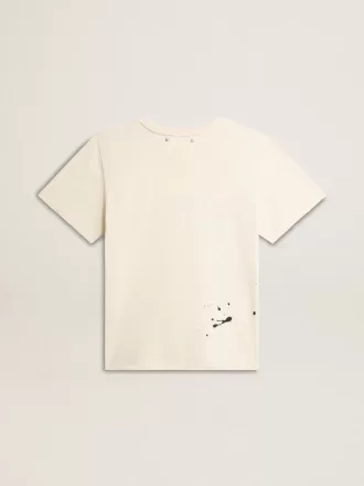 T-shirt da donna in cotone bianco invecchiato con stampa e ricamo