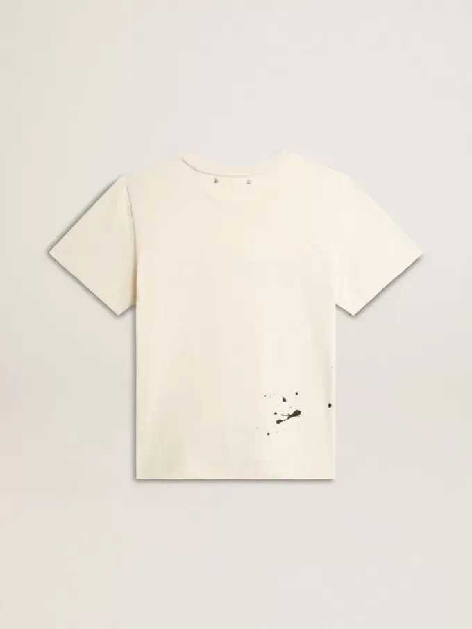 T-shirt da donna in cotone bianco invecchiato con stampa e ricamo