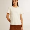T-shirt da donna in cotone bianco invecchiato con stampa e ricamo