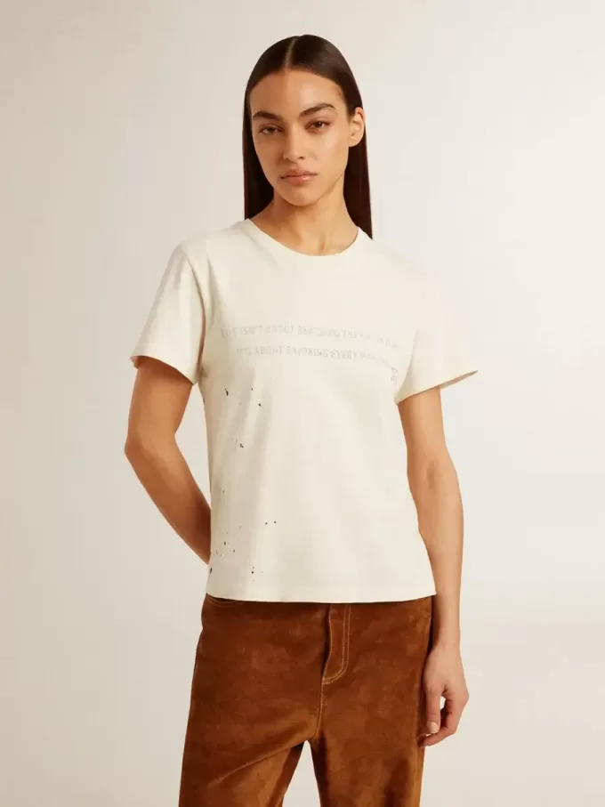 T-shirt da donna in cotone bianco invecchiato con stampa e ricamo