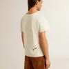 T-shirt da donna in cotone bianco invecchiato con stampa e ricamo