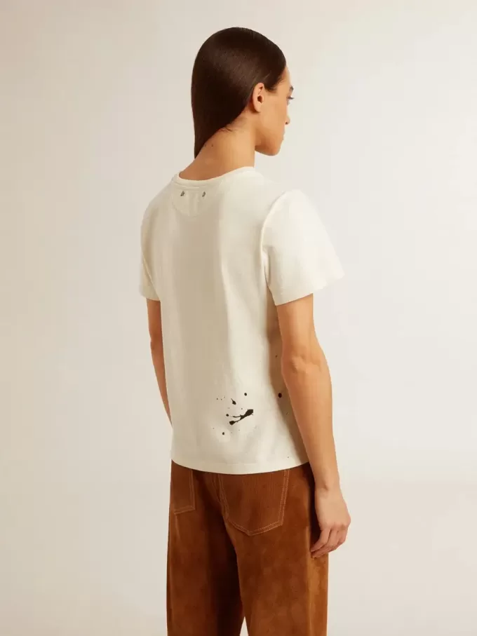 T-shirt da donna in cotone bianco invecchiato con stampa e ricamo
